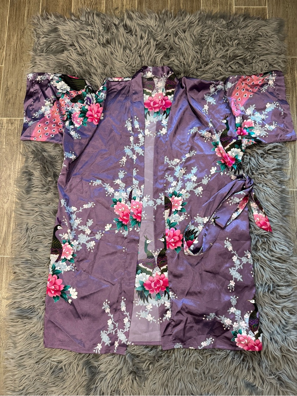 EUC Purple Floral Satin Kimono Robe with Peacocks and Flowers - Picture 1 of 9